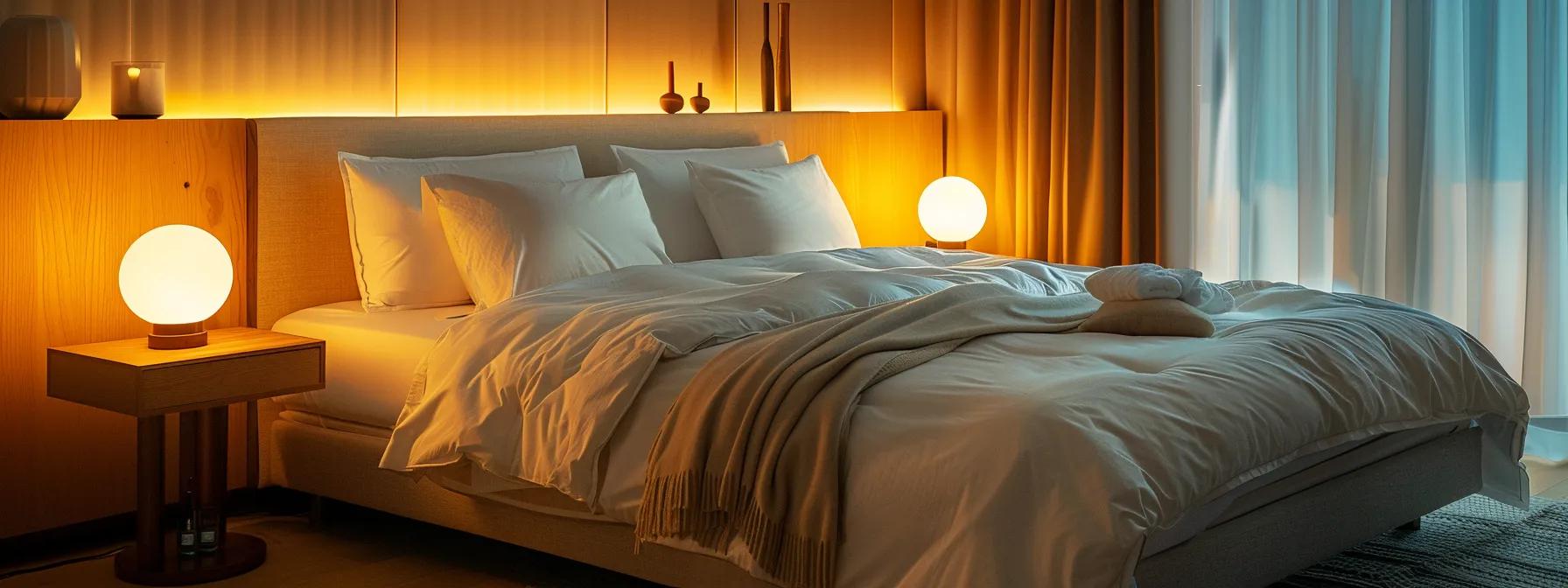 a serene bedroom setting features a luxurious mattress adorned with plush bedding, softly illuminated by warm, ambient lighting, emphasizing the theme of restful sleep and well-being.